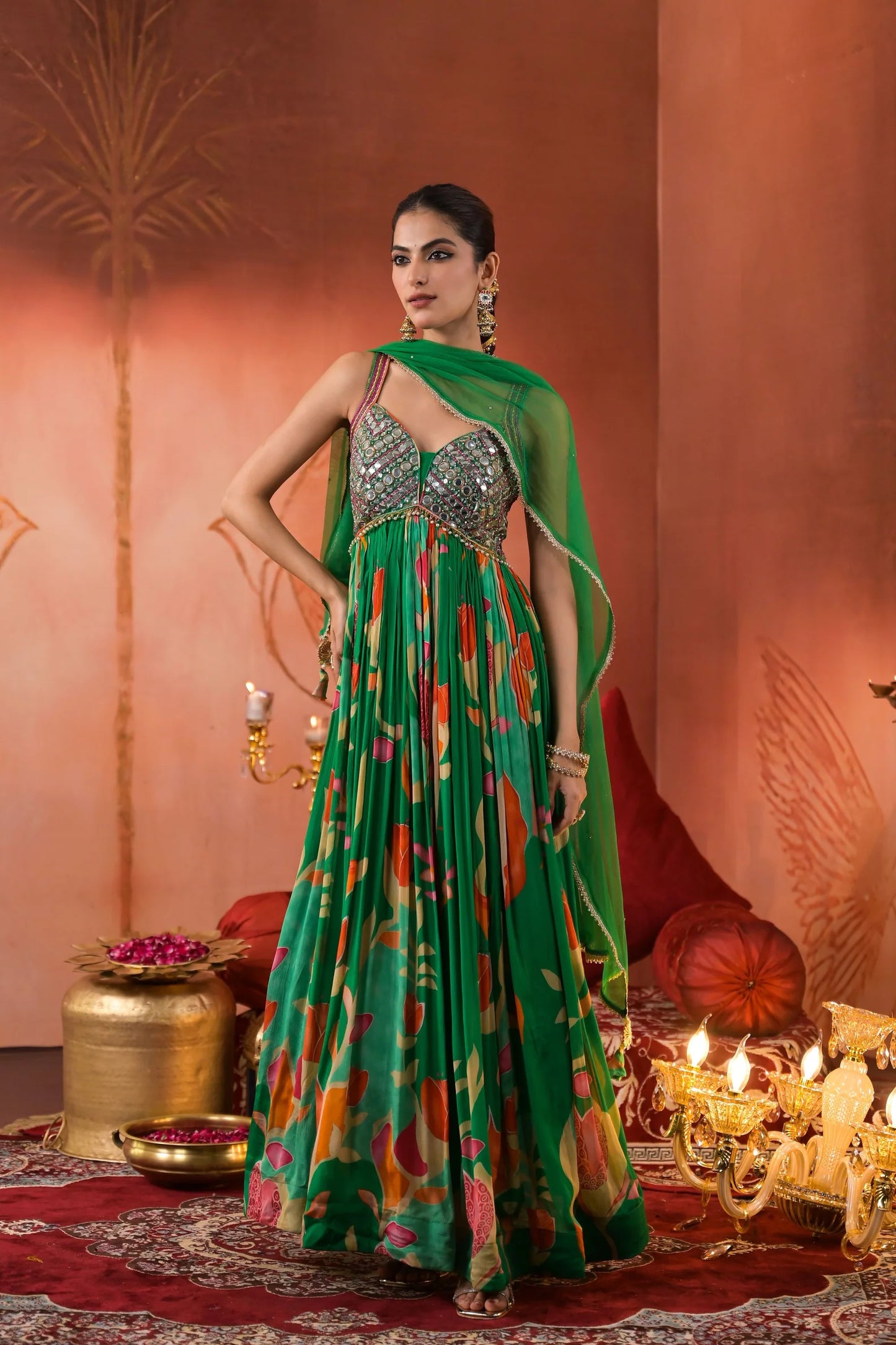 Green Floral Printed Chinon Silk Anarkali Set with dupatta