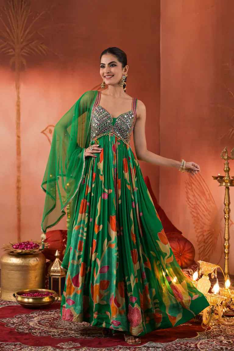 Green Floral Printed Chinon Silk Anarkali Set with dupatta