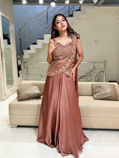 Rust brown drape lehenga set