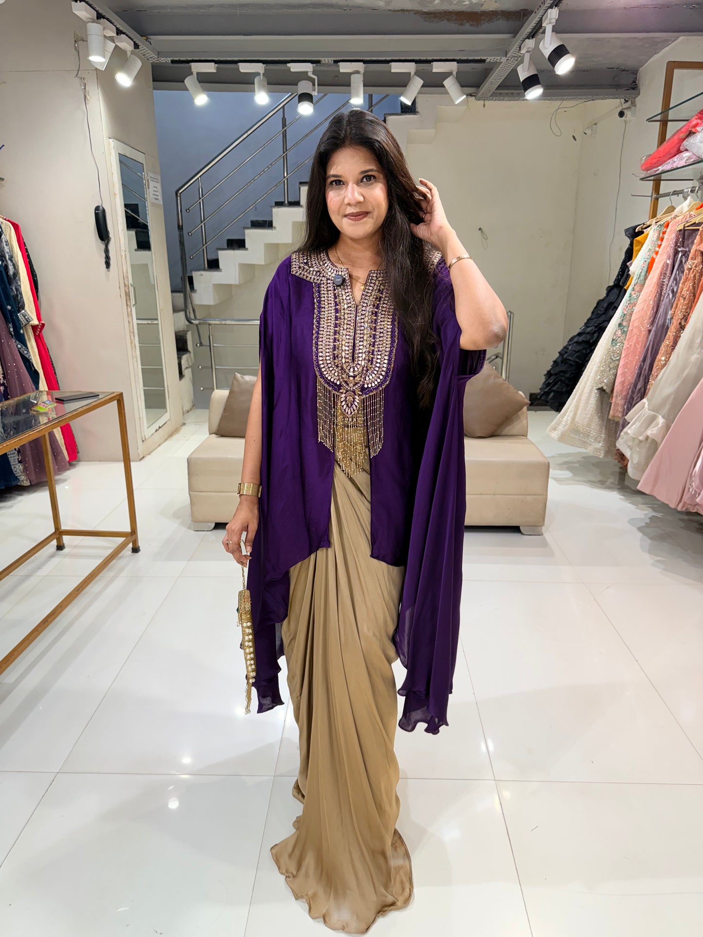 Satin silk indo-western  cape outfit