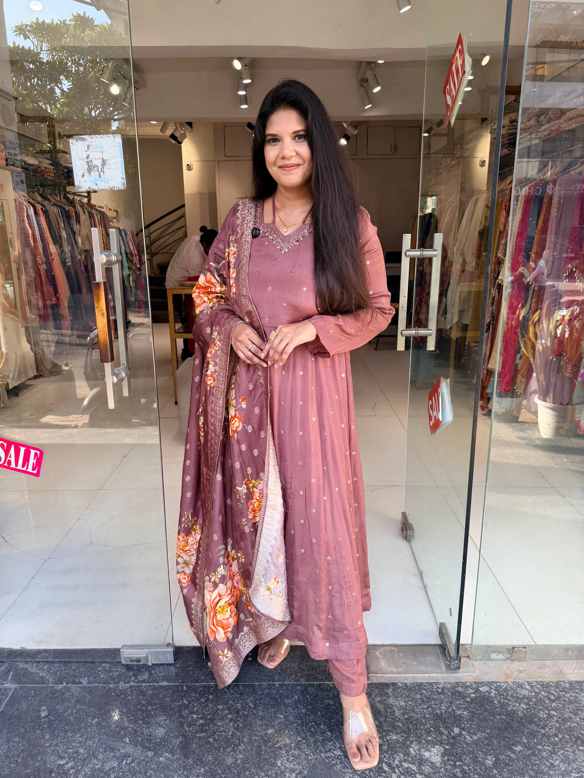 Chinon anarkali with banarasi dupatta