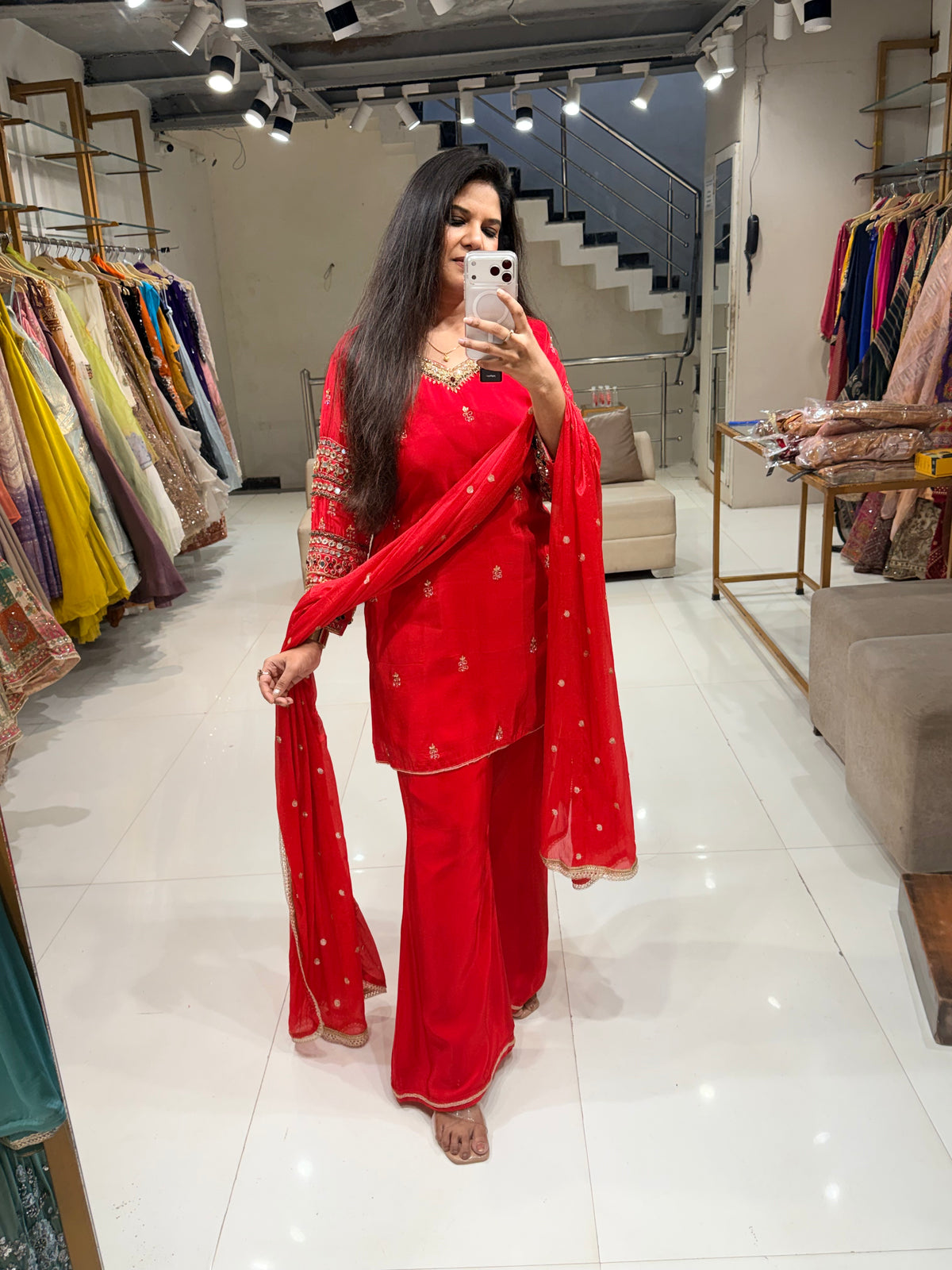 Red sleeves jewel work suit