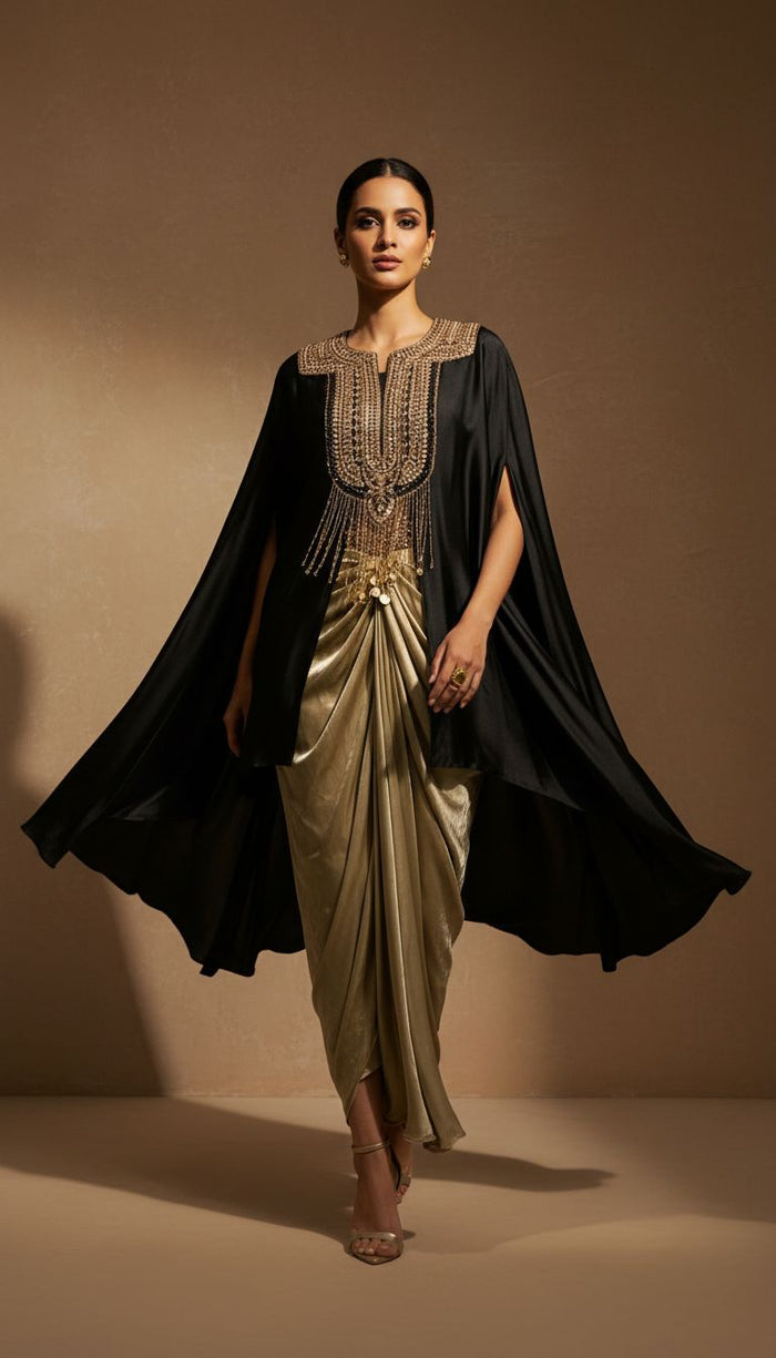 Zamara black satin silk embellished cowl dress