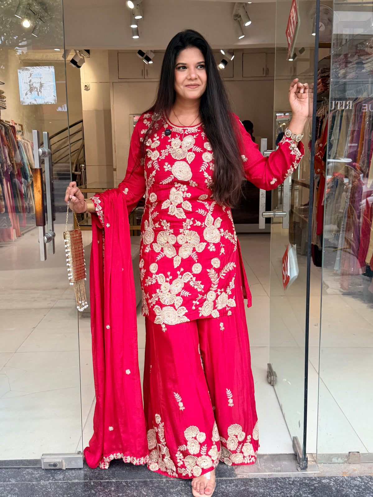 Thread embroided chinon sharara suit