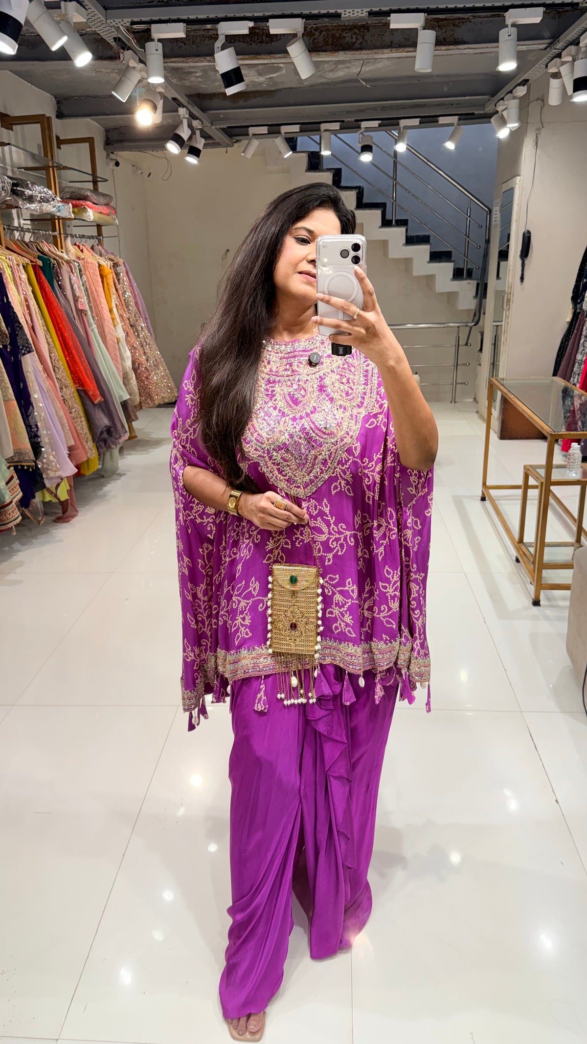 Bandhani cape satin silk indowestern dress
