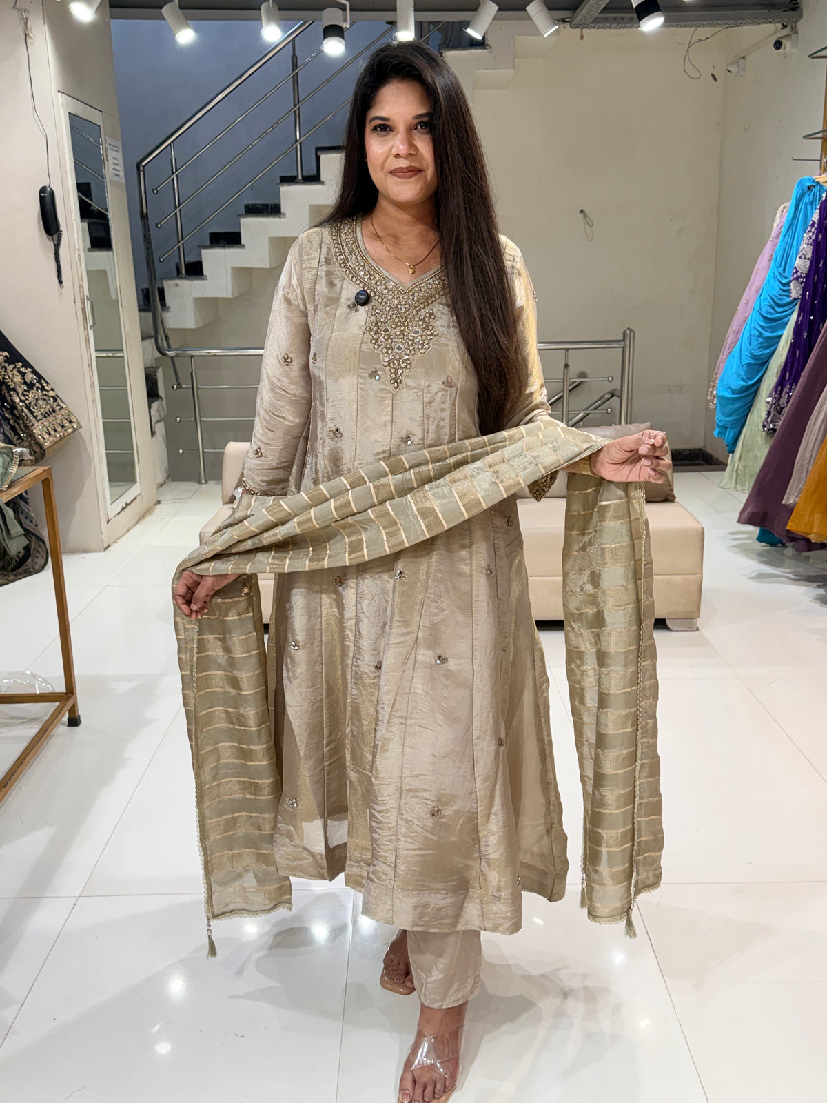 Shimmer tissue mirror work anarkali suit