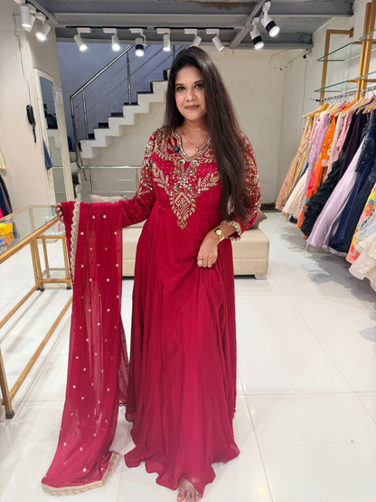 Shoulder work chinon maxi gown suit