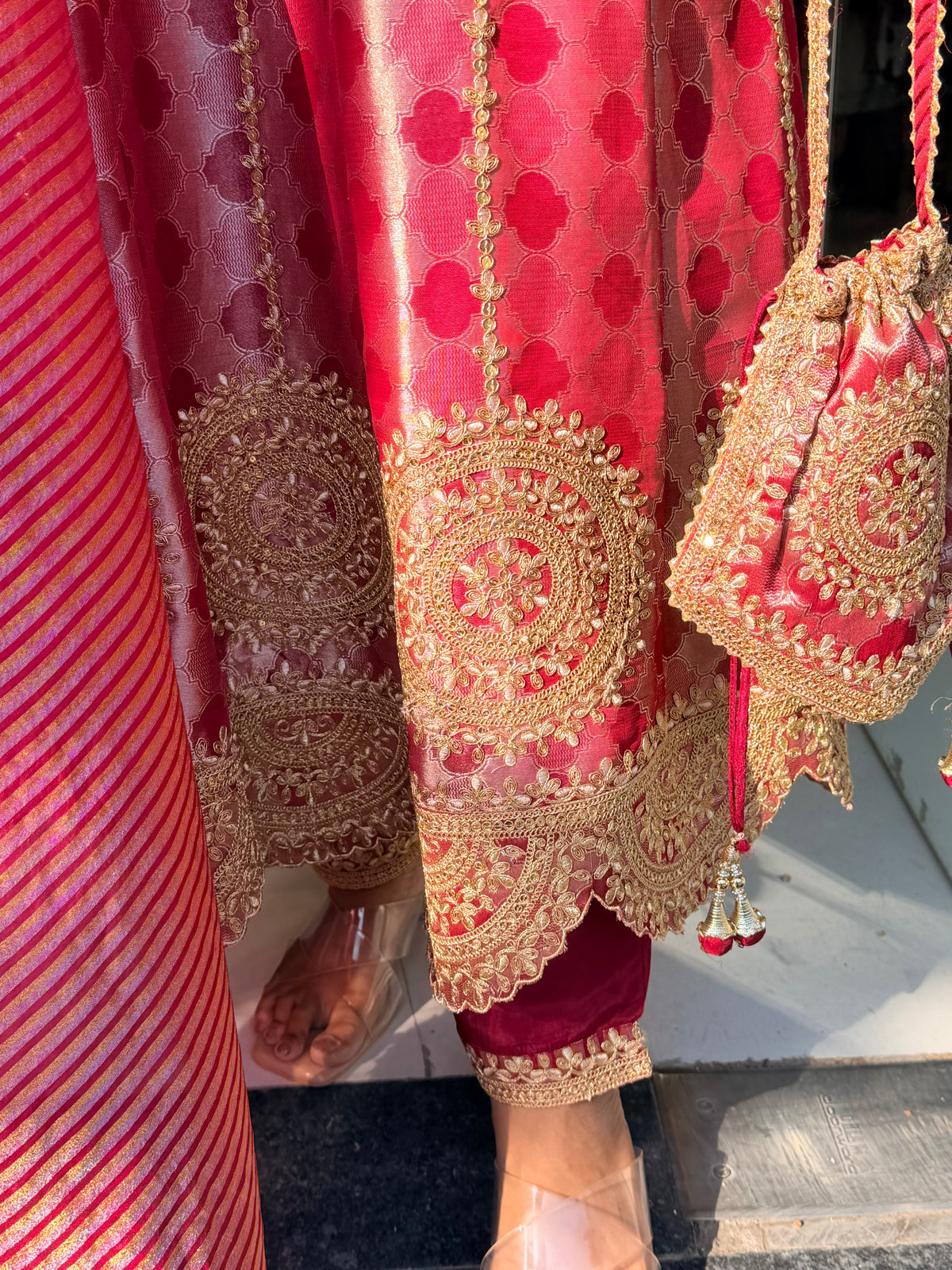 Girraf tissue anarkali suit with potli bag