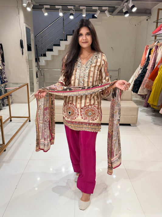 Mirror work farshi crepe suit