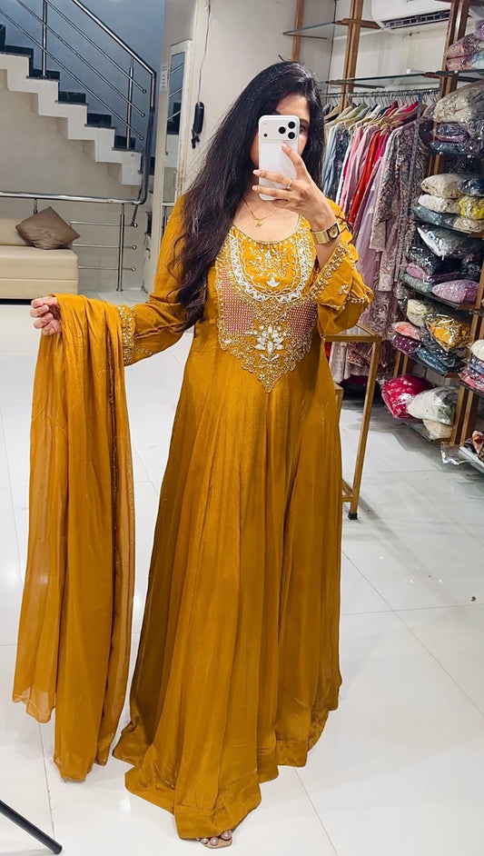 Long maxi embellished chinon gown