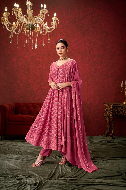 DARK PEACH THREADWORK ANARKALI DRESS
