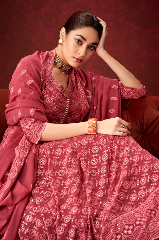 DARK PEACH THREADWORK ANARKALI DRESS