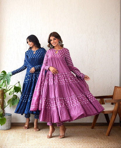 Karishma blue printed flary anarkali with pants (pink for reference , only for blue booking)