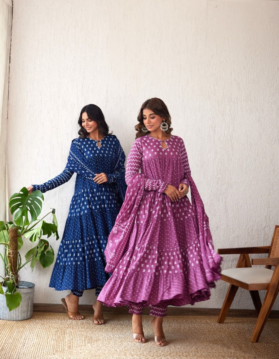 Karishma blue printed flary anarkali with pants (pink for reference , only for blue booking)