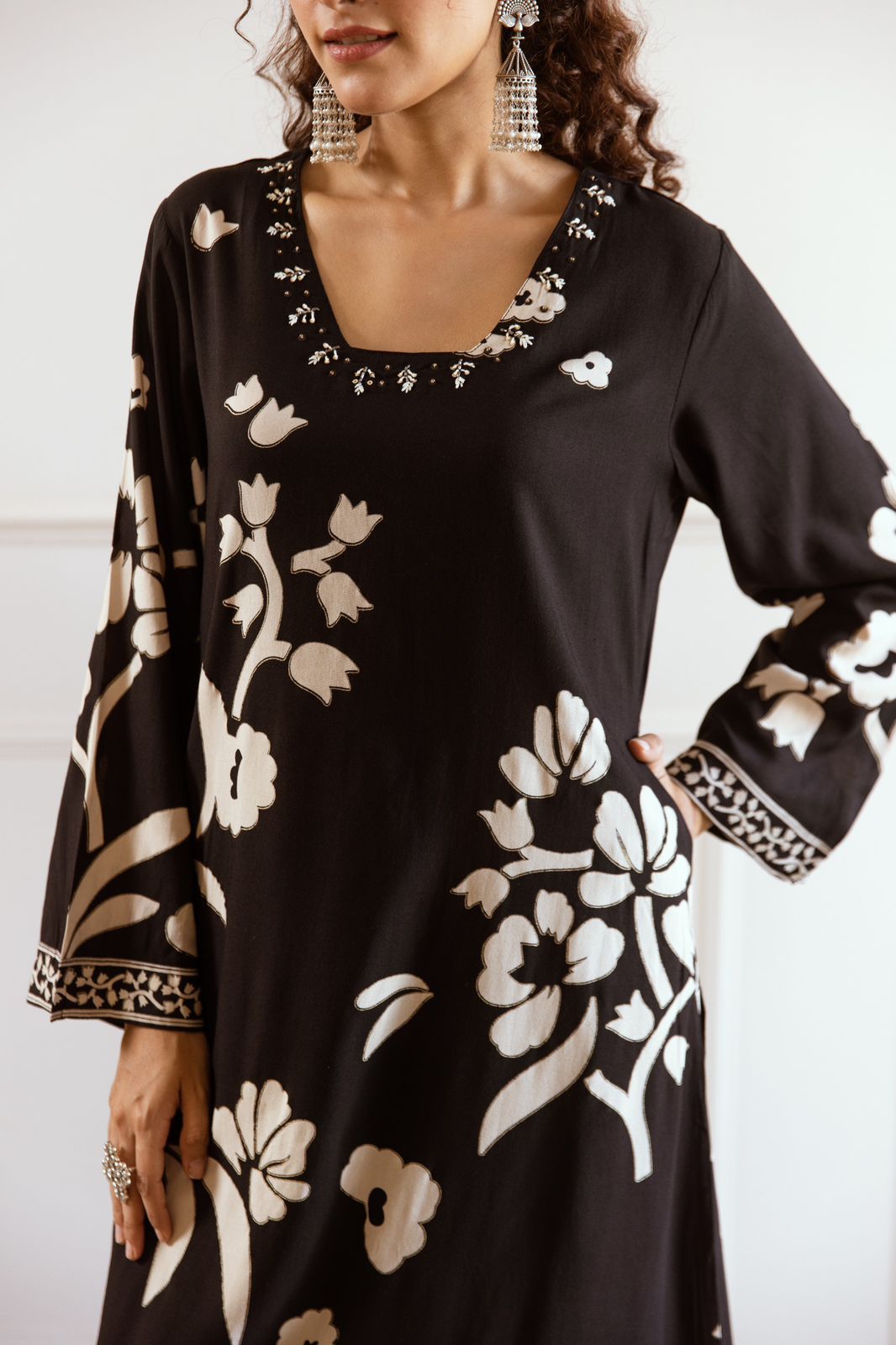 Rehmat Black printed A-line kurta suit with plazo