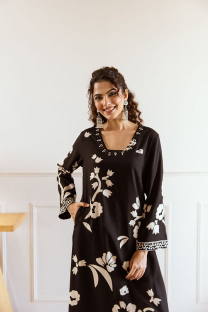 Rehmat Black printed A-line kurta suit with plazo