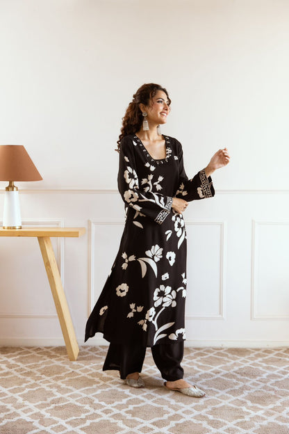 Rehmat Black printed A-line kurta suit with plazo