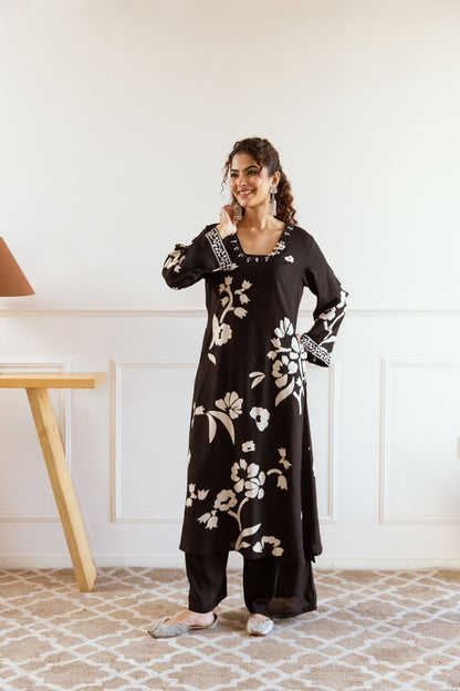 Rehmat Black printed A-line kurta suit with plazo