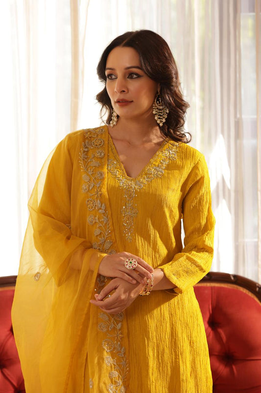 Turmeric yellow tissue A-Line suit with organza dupatta