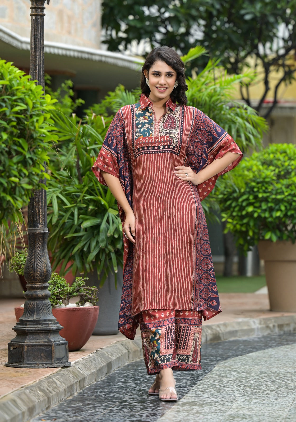 Ajrak print kaftan style co-ord set