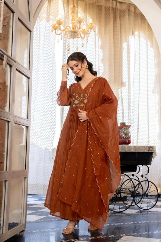 Rust mull chanderi anarkali suit
