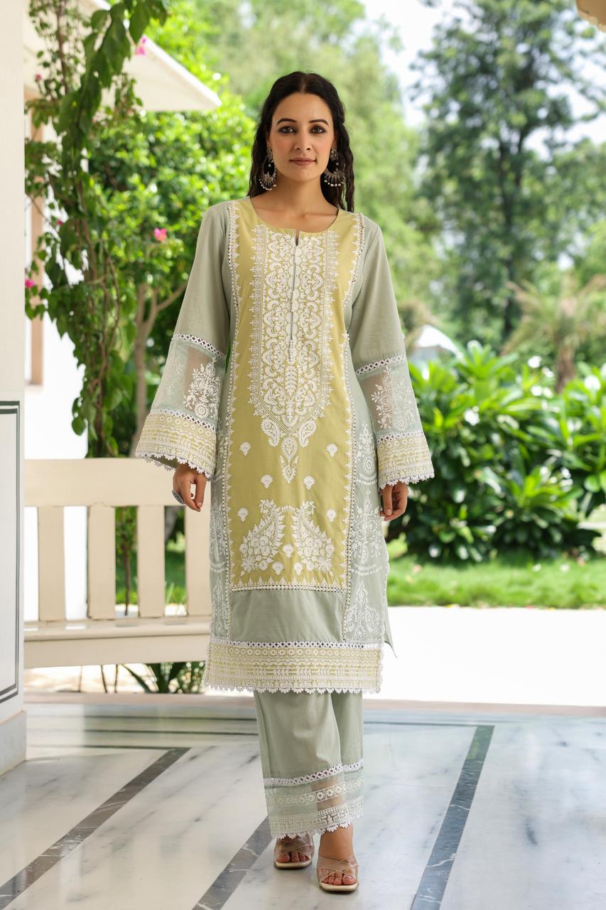 Yellow green combination pakistani cotton suit