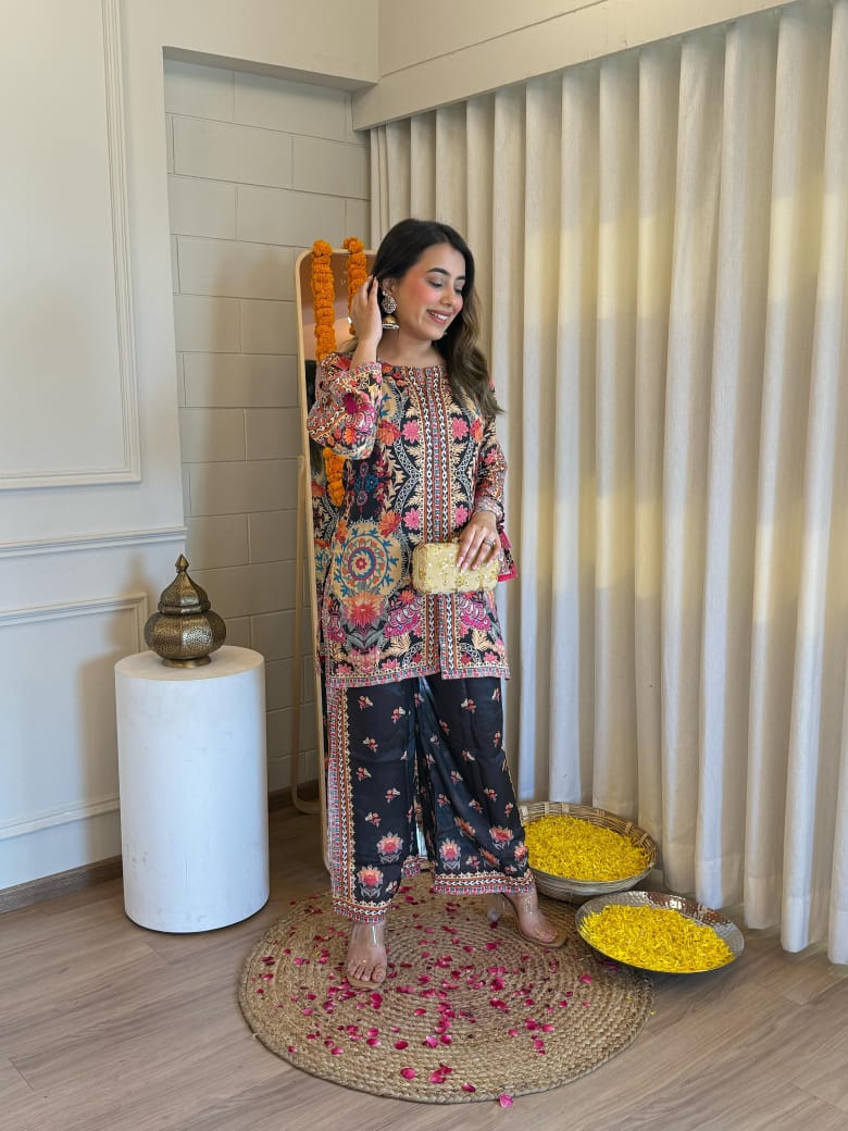 Black digital print muslin co-ord set