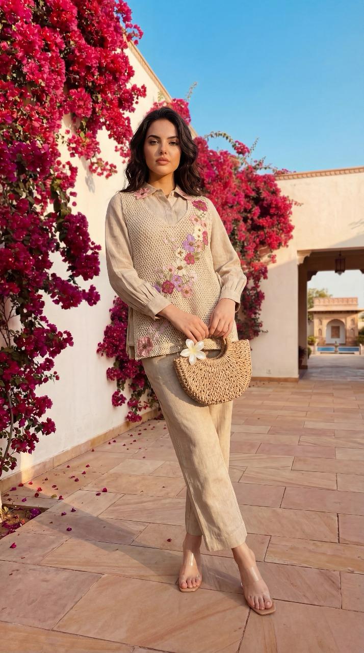 Jute cotton embroided co-ord set