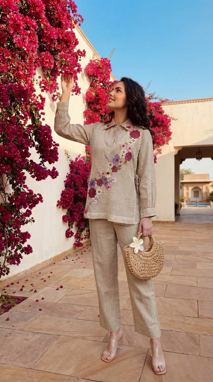 Jute cotton embroided co-ord set