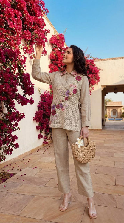 Jute cotton embroided co-ord set