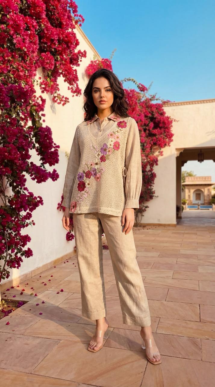 Jute cotton embroided co-ord set