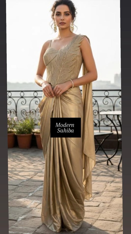 Gold leafy drape saree