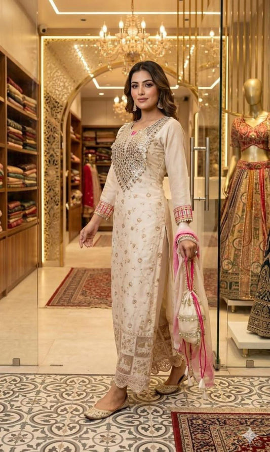 Mirror work long side cut one piece with potli