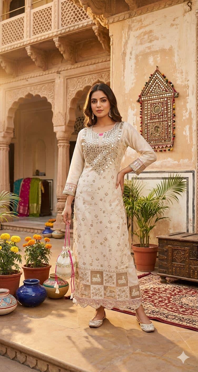 Kareena Mirror work long side cut one piece with potli(no pants no dupatta)