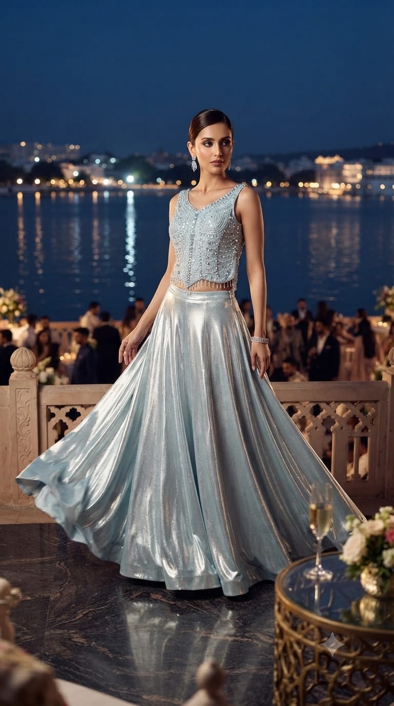 Metallick aqua blue shimmer lehenga