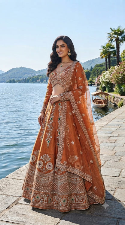 Jewel work rust orange lehenga set