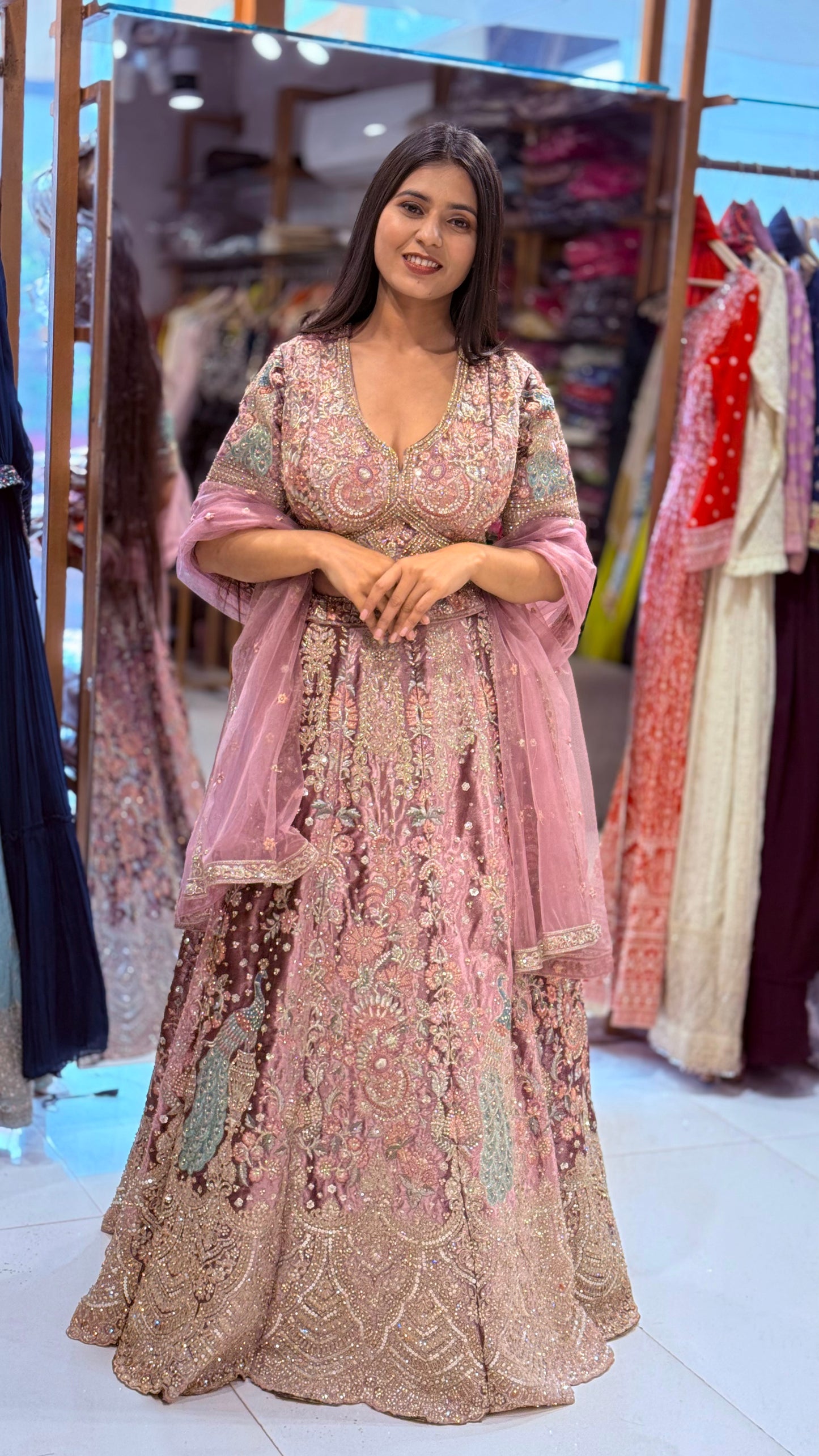 Onion pink micro velvet embroided lehenga