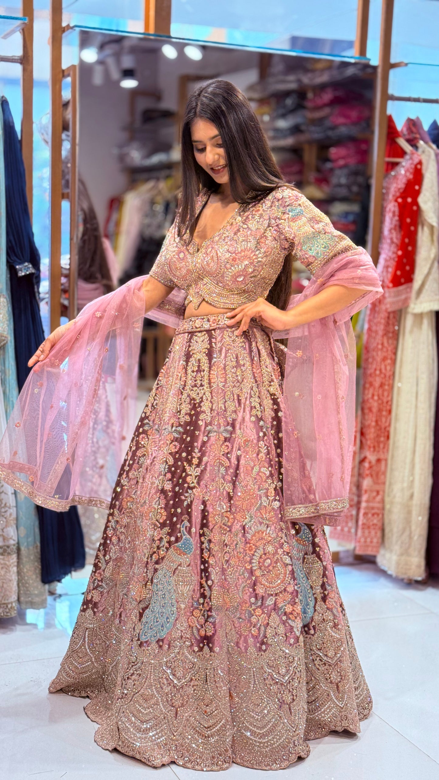 Onion pink micro velvet embroided lehenga