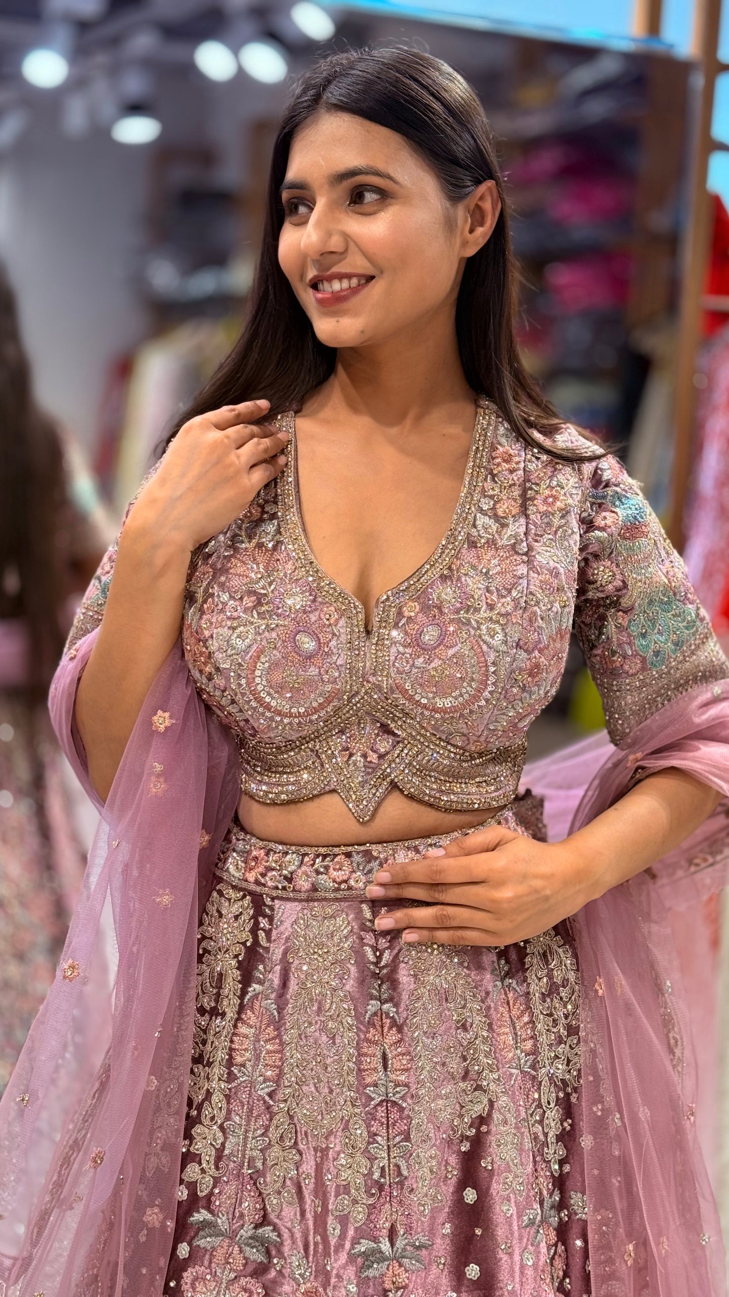 Onion pink micro velvet embroided lehenga