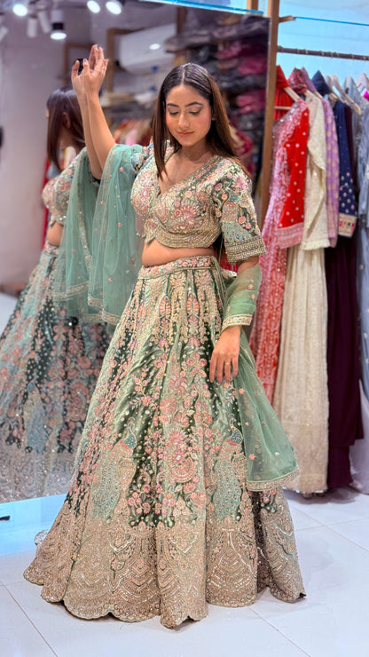 Sea green micro velvet embroided lehenga set