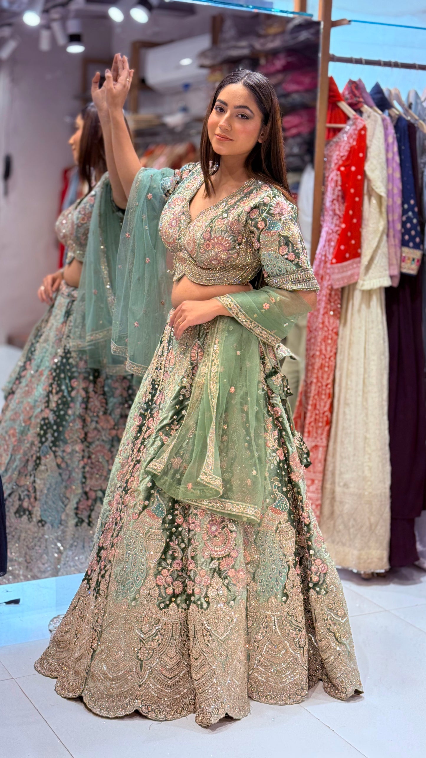 Sea green micro velvet embroided lehenga set
