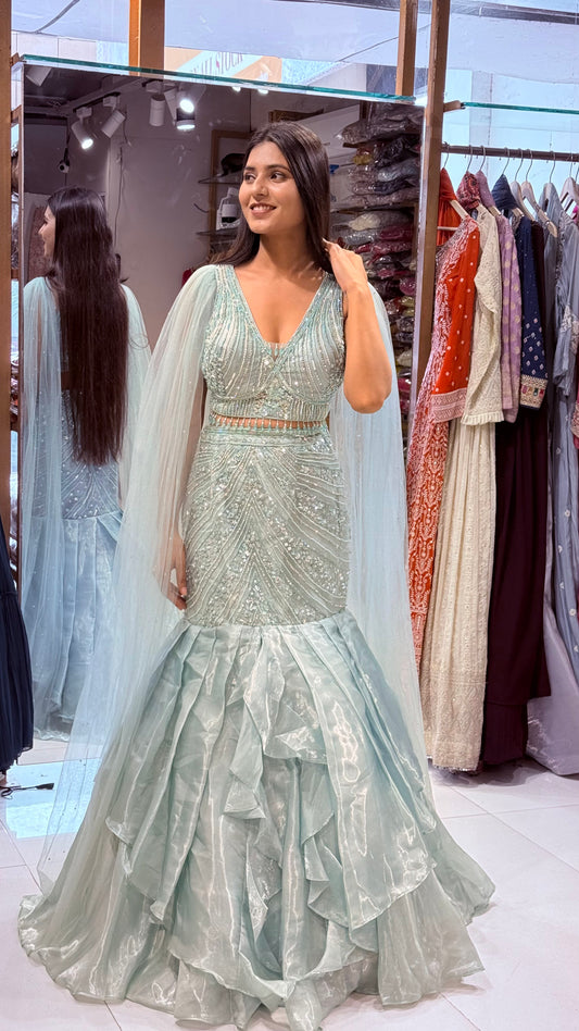 Aqua blue fish cut jimmy choo lehenga set
