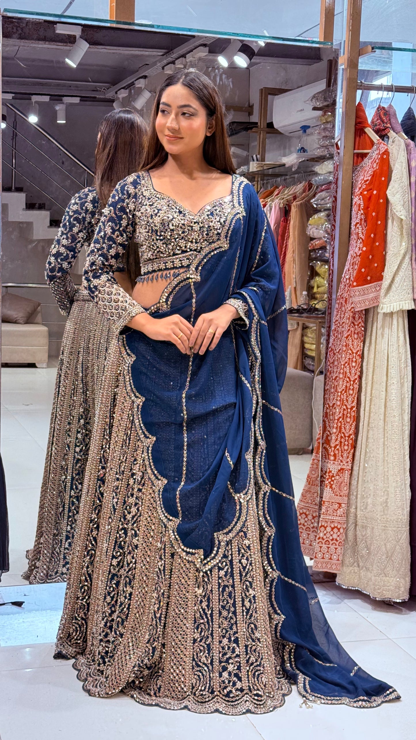 Mannat blue mirror work lehenga