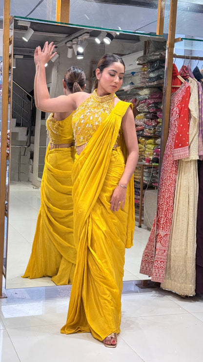 Yellow halter neck drape saree