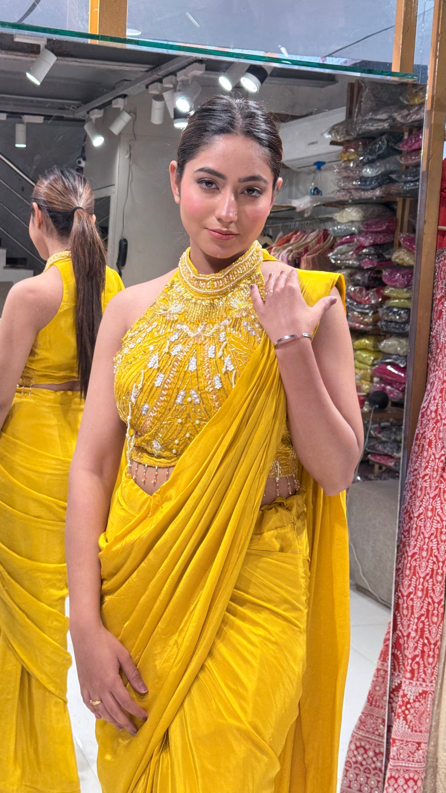 Yellow halter neck drape saree