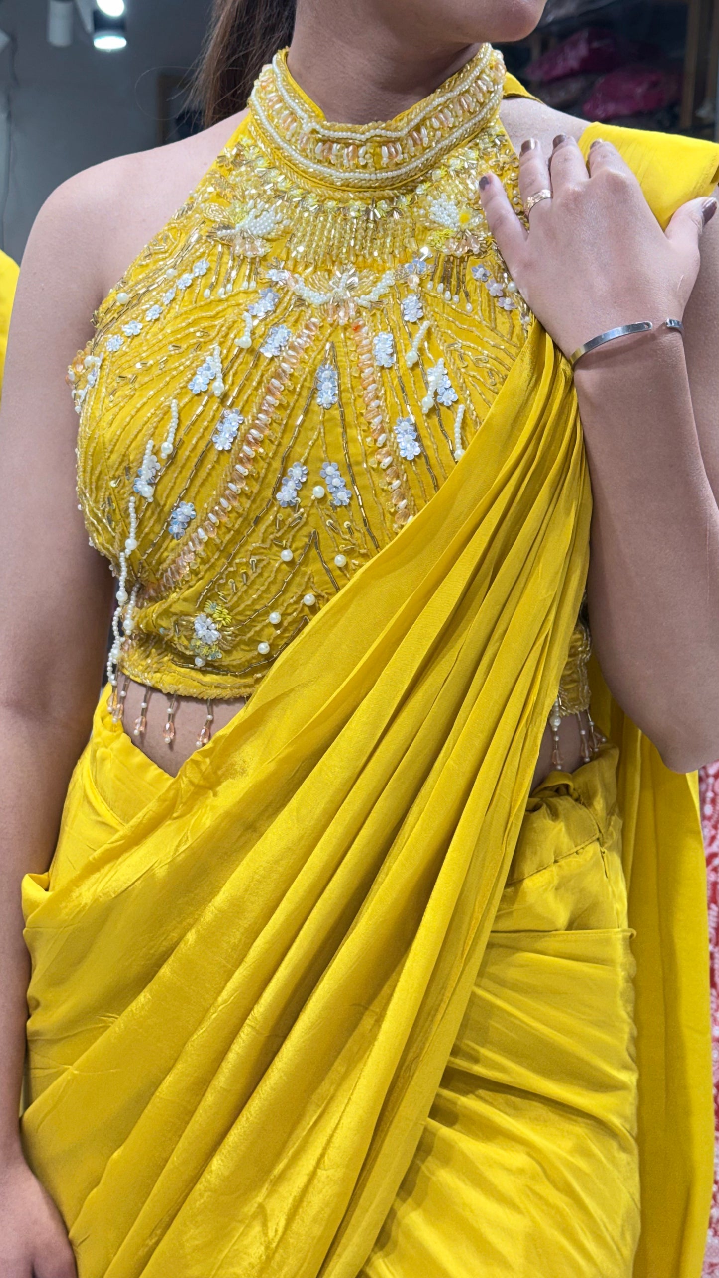 Yellow halter neck drape saree
