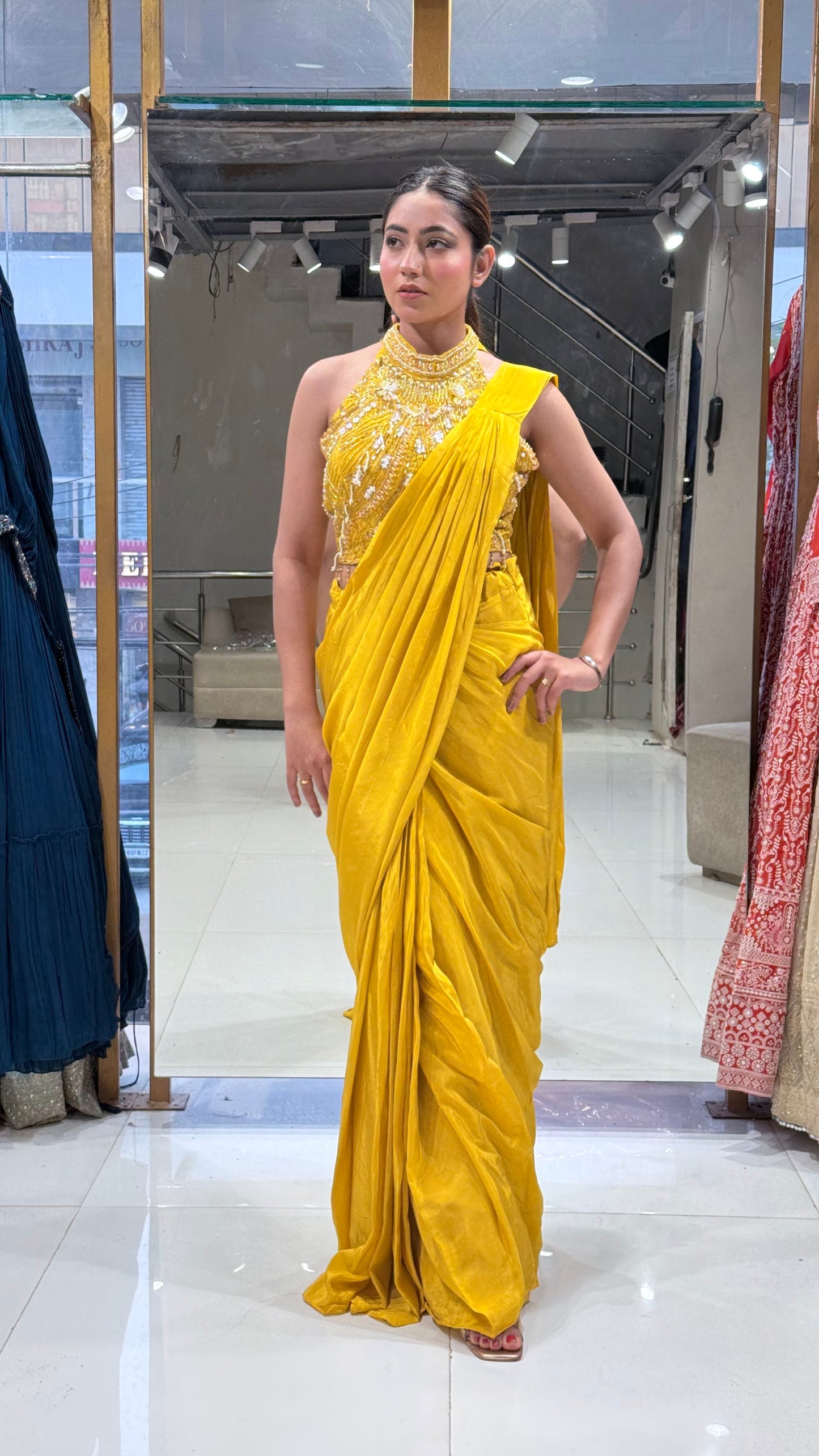 Yellow halter neck drape saree