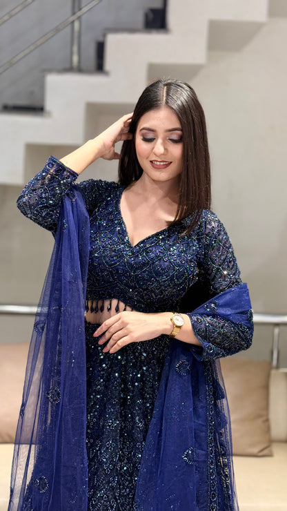 Nazakat blue beads lehenga set