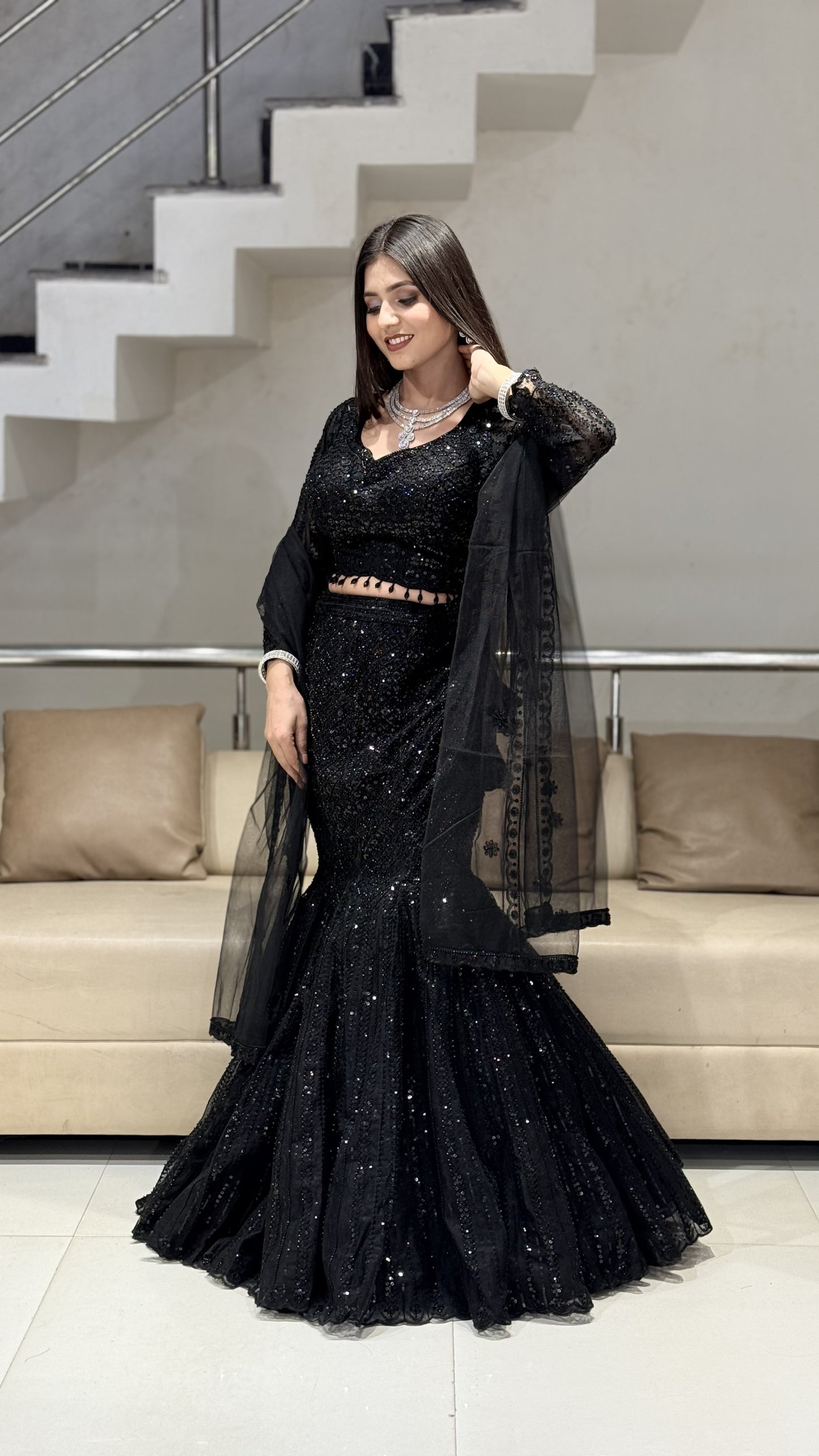 Mahira black embellished fishcut lehenga
