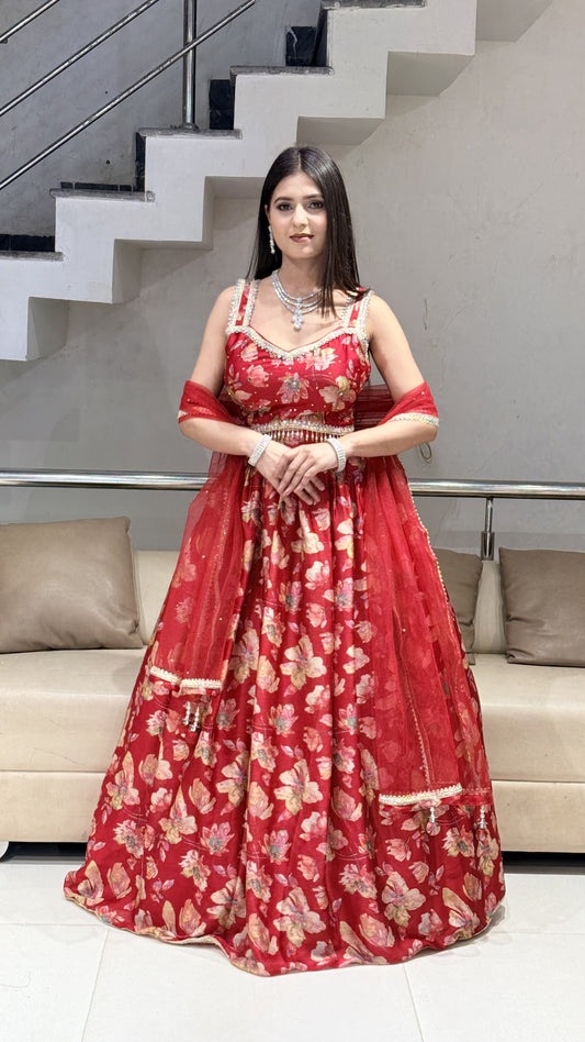 Nima red floral lehenga set